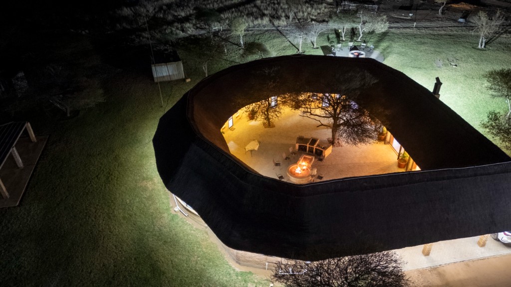 Lodge courtyard — aerial view by night