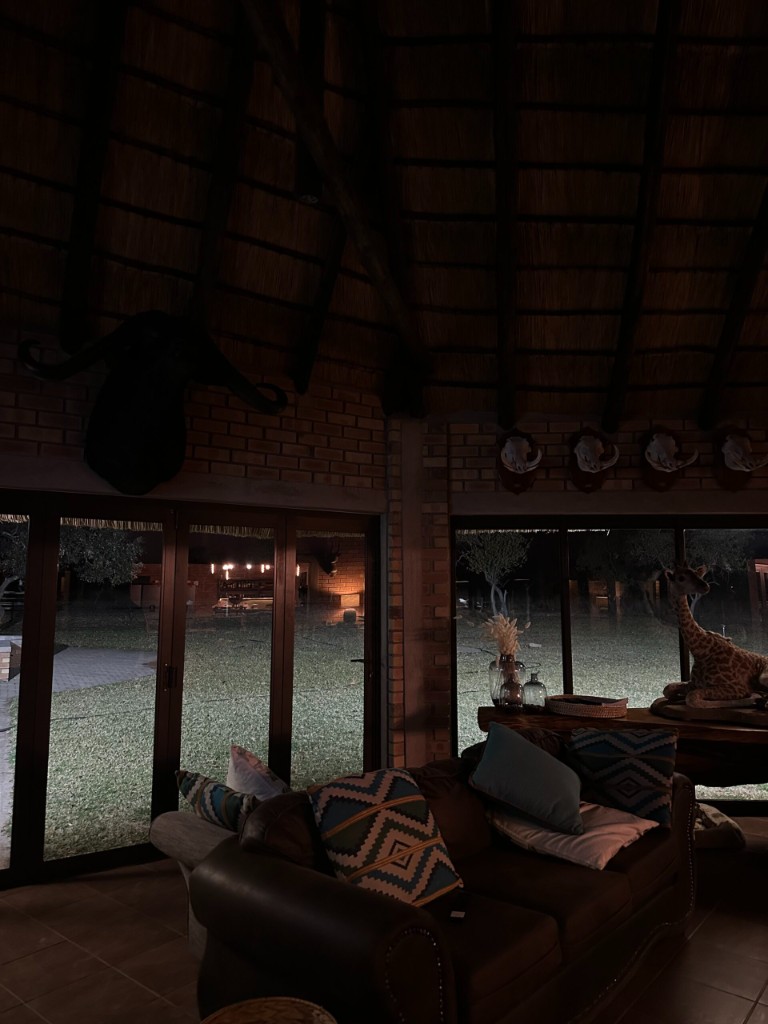 Lodge lounge at night — garden views
